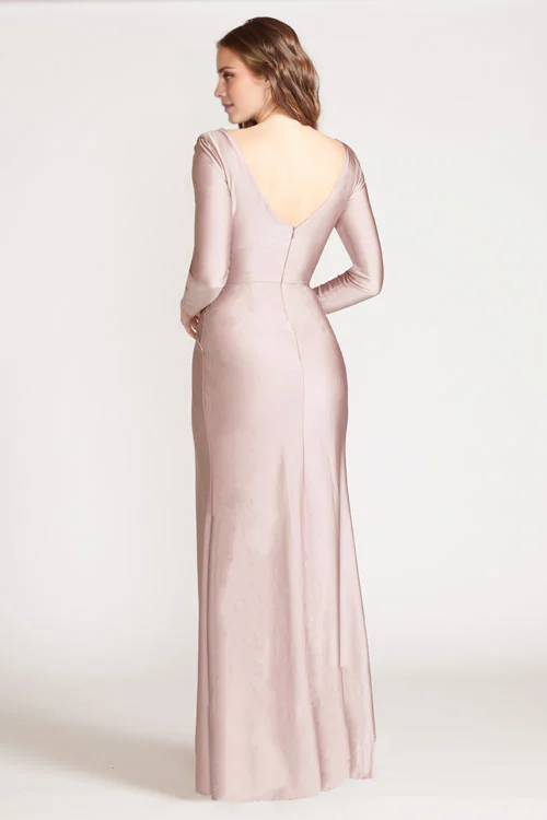 Jimiss V-neck off shoulder long sleeved backless side slit and floor length Prom dress